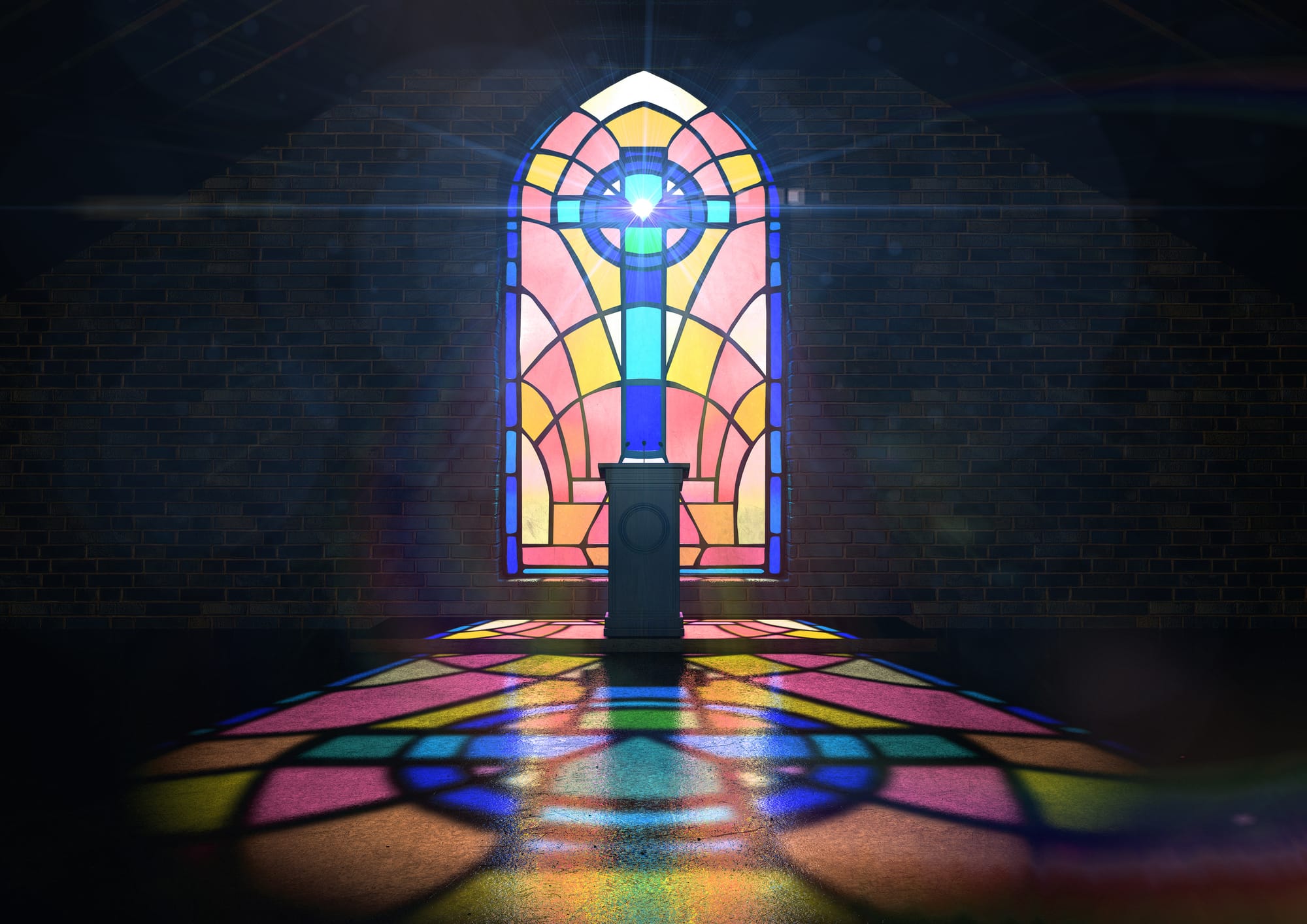 Church interior lit by suns rays penetrating through a colorful stained glass window behind a pulpit.