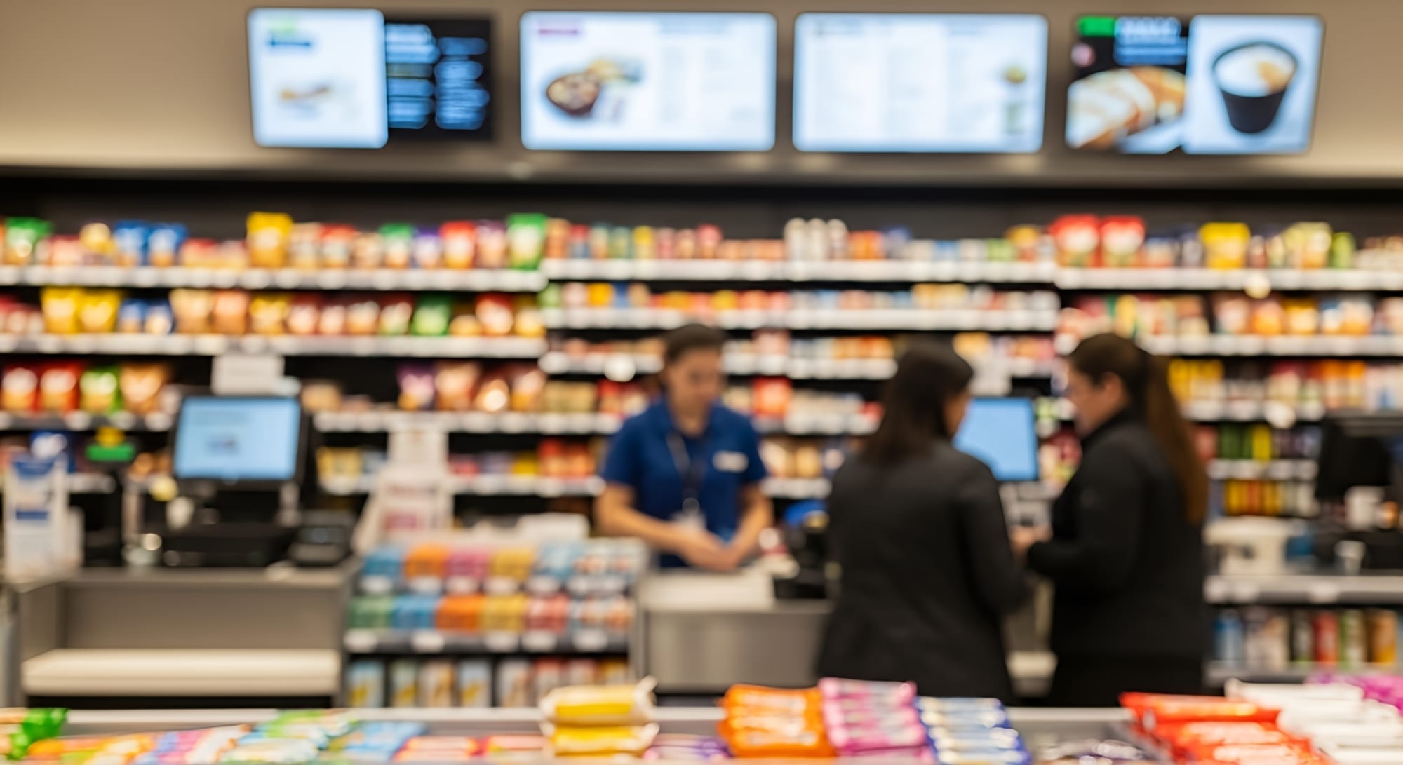 Blurry image of a convenience store interior with customers at the checkout counter and shelves stocked with various products.