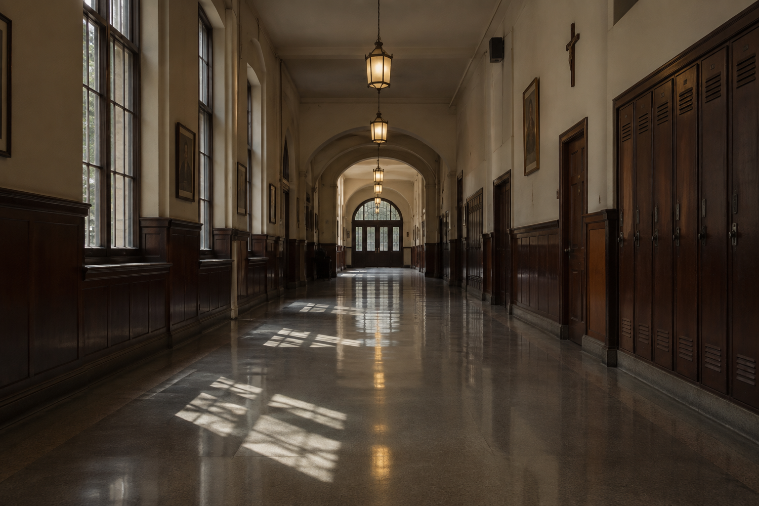 Empty hallway in an older religious school.