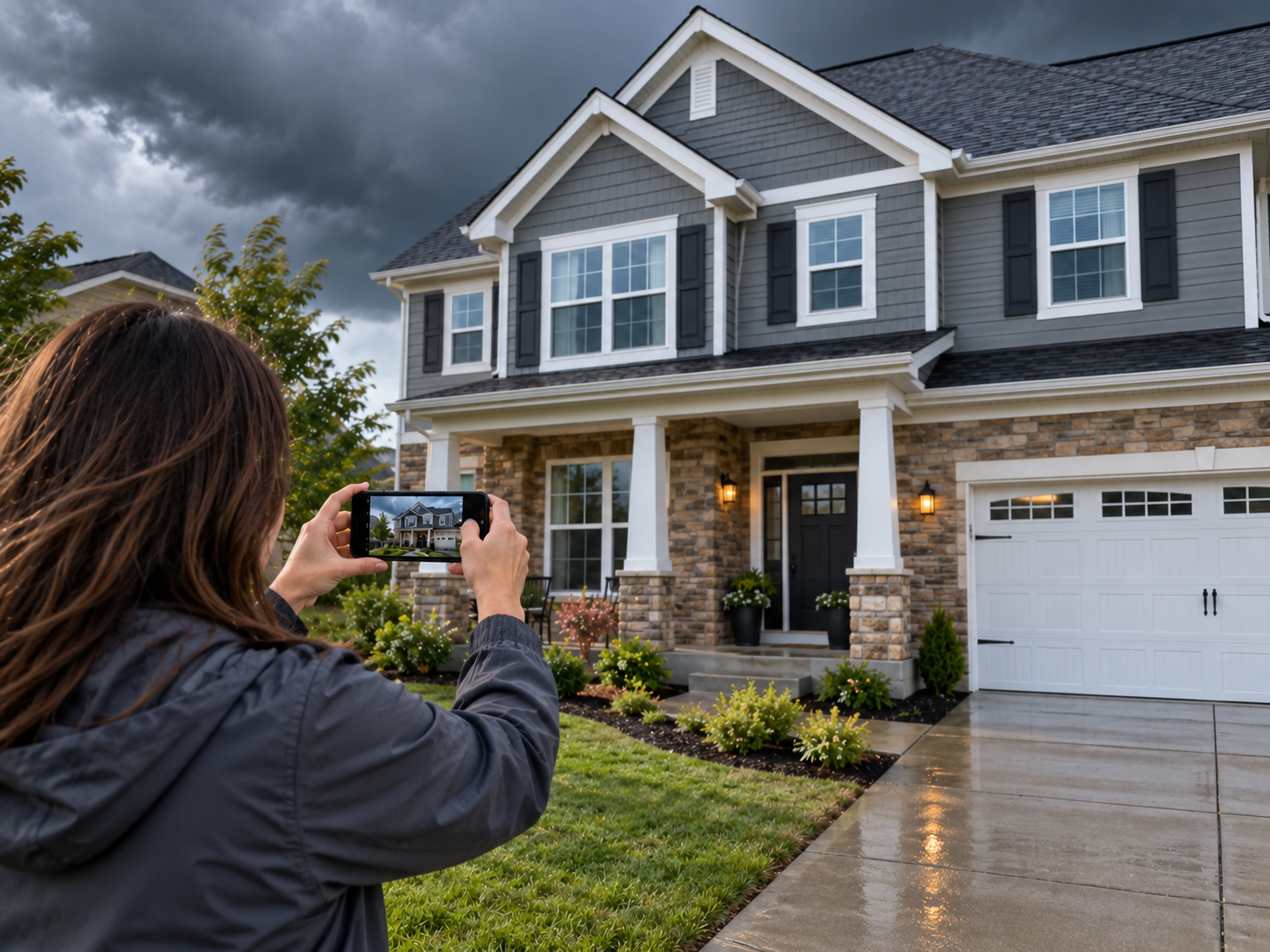 A woman photographing the exterior of a house with her cell phone before a storm.