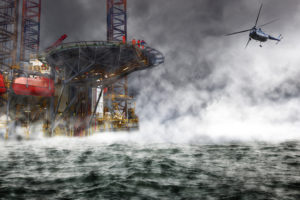 A helicopter rescue mission landing on Oil Rig.